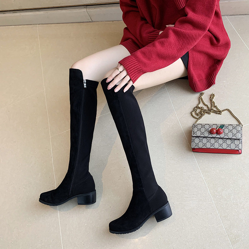 sw瘦瘦靴5050过膝长靴女长筒高筒骑士弹力靴子粗跟加绒平底高跟靴