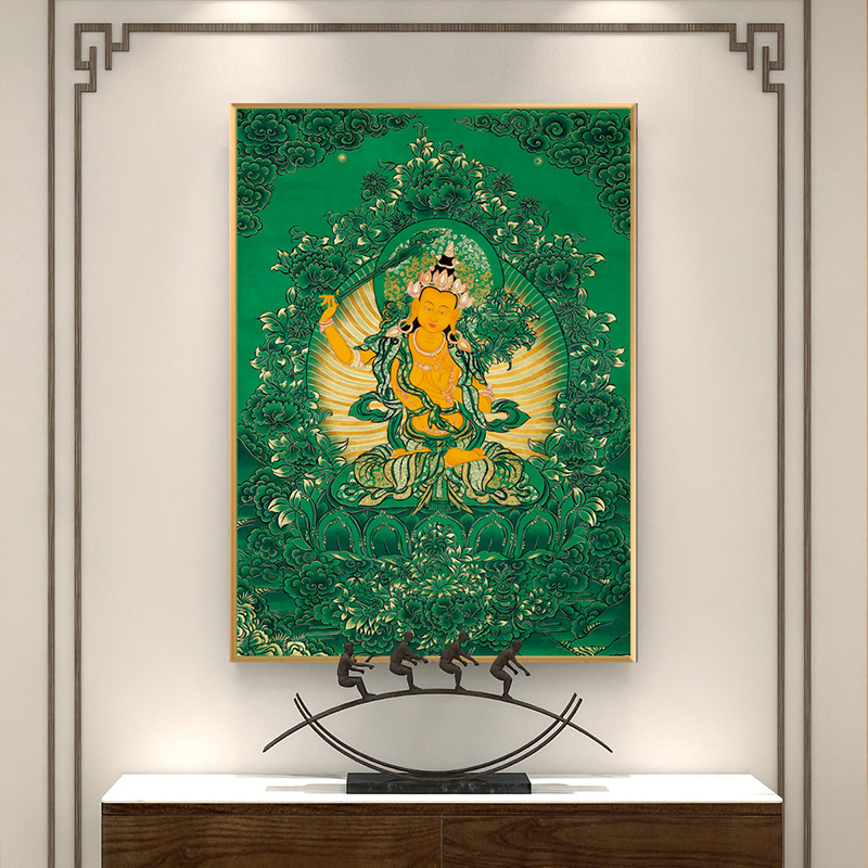 绿色唐卡挂画藏传佛像装饰画客厅玄关佛堂中堂画文殊普贤菩萨画像