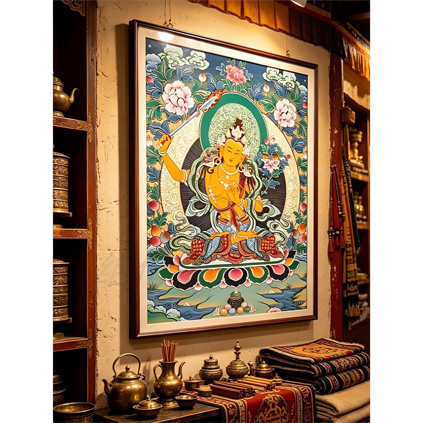 文殊菩萨唐卡装饰挂画 藏式题材 餐厅玄关茶室背景复刻画带框