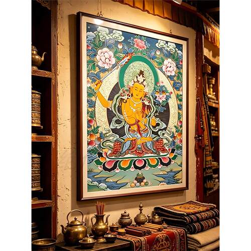 文殊菩萨唐卡装饰挂画 藏式题材 餐厅玄关茶室背景复刻画带框