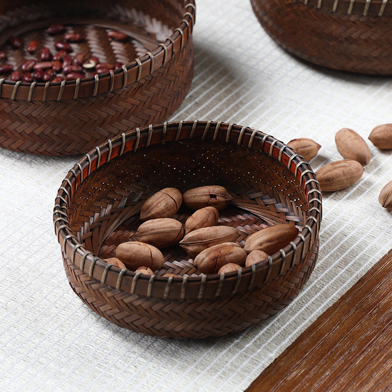 竹编果篮 圆形家用收纳筐 水果盘 客厅零食杂物篮 复古创意收纳篮,特色手工艺,竹编/竹雕,淘宝优惠券,粉丝福利购,淘宝优惠卷