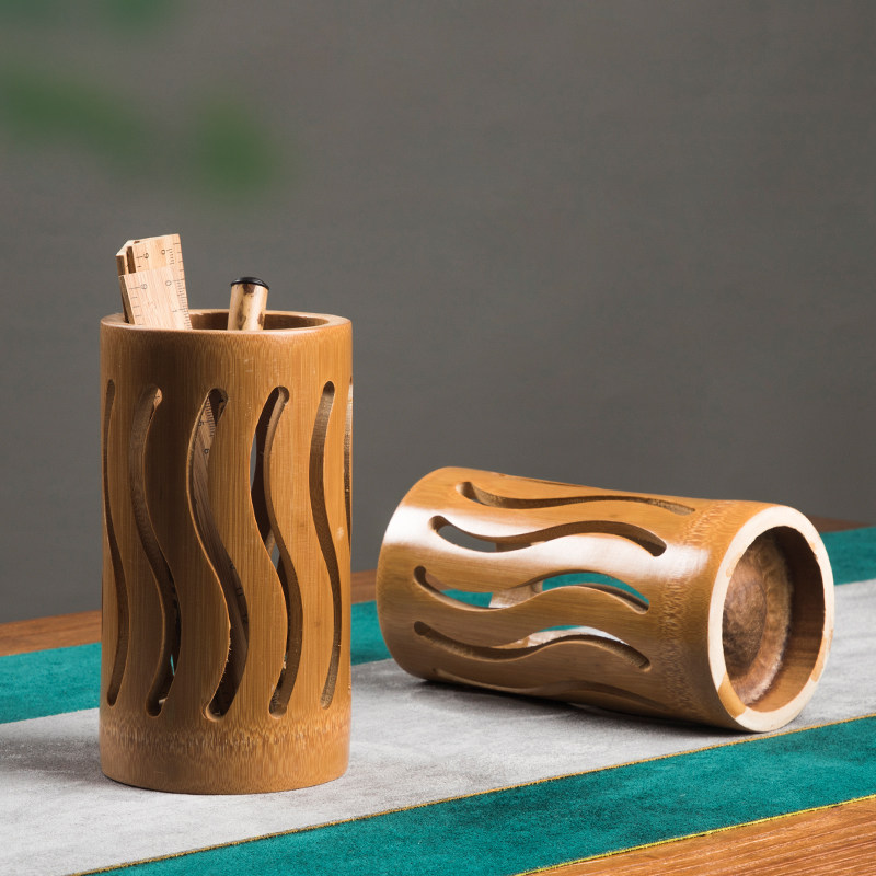 竹制镂空笔筒文房四宝毛笔架办公室简约复古桌面摆件创意收纳笔筒