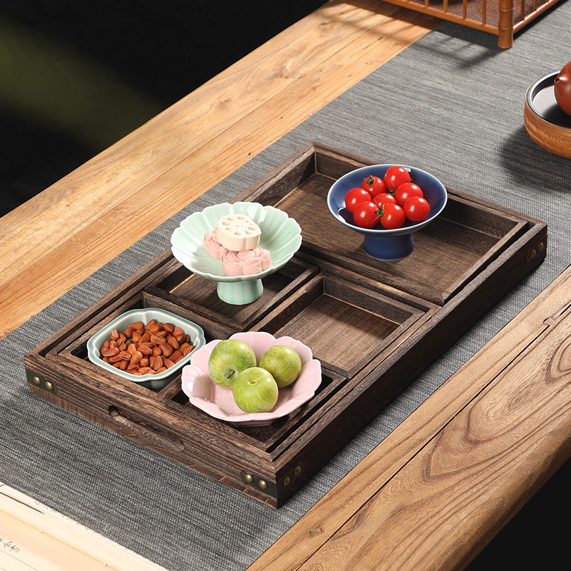 中式实木分格果盘茶点盘糕点托盘竹制围炉煮茶小吃零食婚庆周岁宴