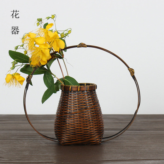 竹编花器 中式禅意复古 花道插花花篮花入 会所茶楼茶道装饰