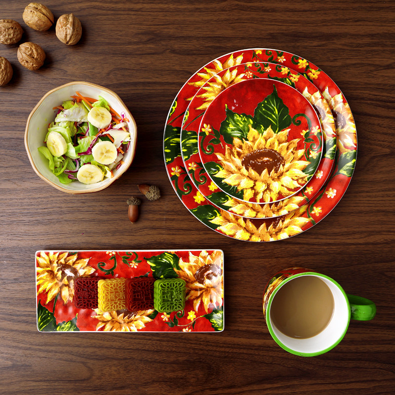 出口精品釉下彩陶瓷太阳花西餐盘牛排盘田园风轻奢装饰盘家用盘子