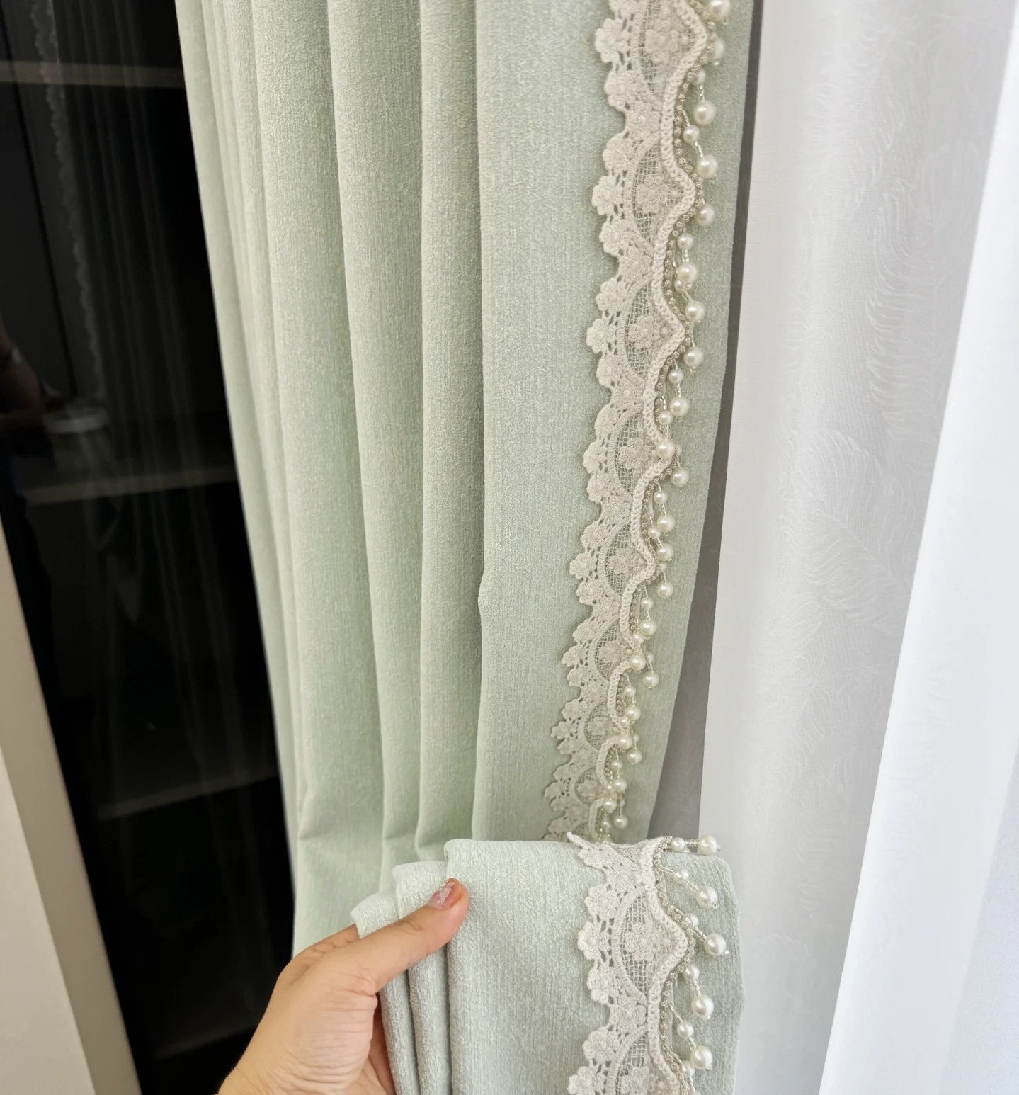 6米包邮新款窗帘窗纱法式绣花边小清新珠子家纺辅料复合珍珠吊坠