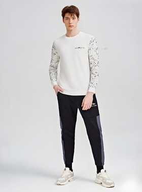 RN28瑞换季断码清仓秋季款男士简约时尚印花白色圆领休闲长袖卫衣