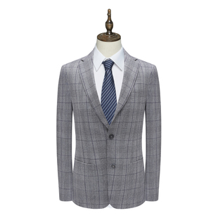 灰色格子两粒扣双开衩羊毛西服 商务正装 B1582鸟断码 清仓春秋男士