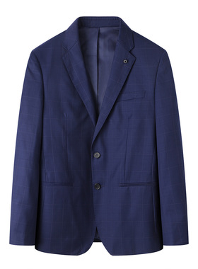 外贸换季断码清仓男士时尚修身职业工装蓝色格纹99%羊毛西装V005