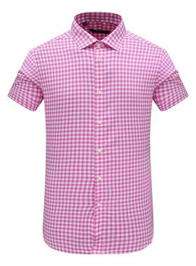 KL101凯莱换季断码清仓夏季男士时尚粉色小格子全棉休闲短袖衬衫