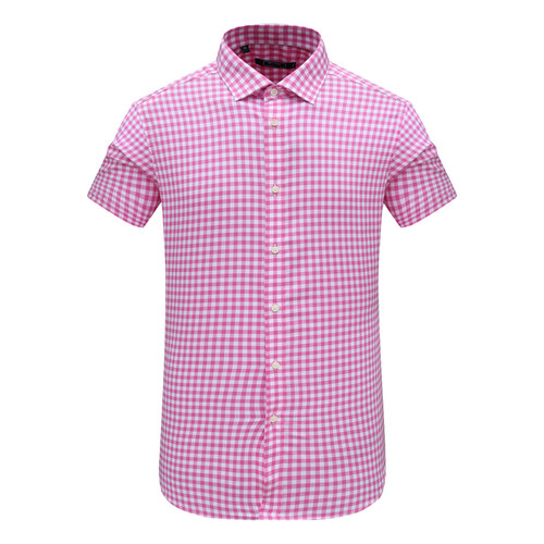 粉色小格子短袖衬衫全棉