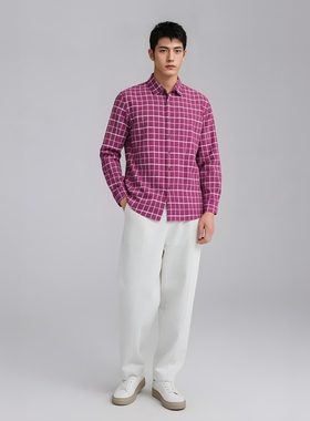 CA141卡断码清仓春秋男士亲肤棉加蚕丝弹力针织紫色格子长袖衬衫