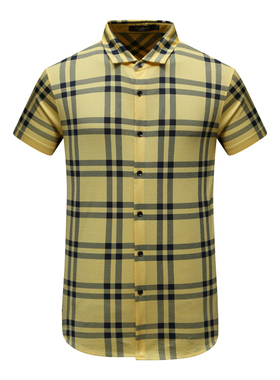 SF108圣梵换季断码清仓夏季男士简约休闲大格子棉加桑蚕丝短袖T恤