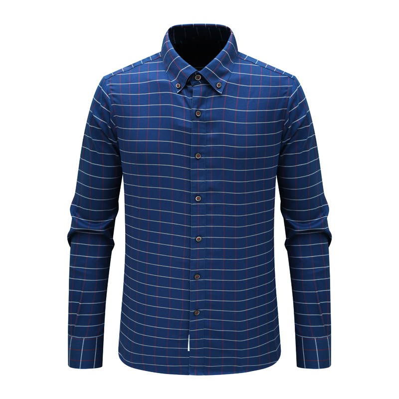 蓝色格子全棉免烫长袖衬衫