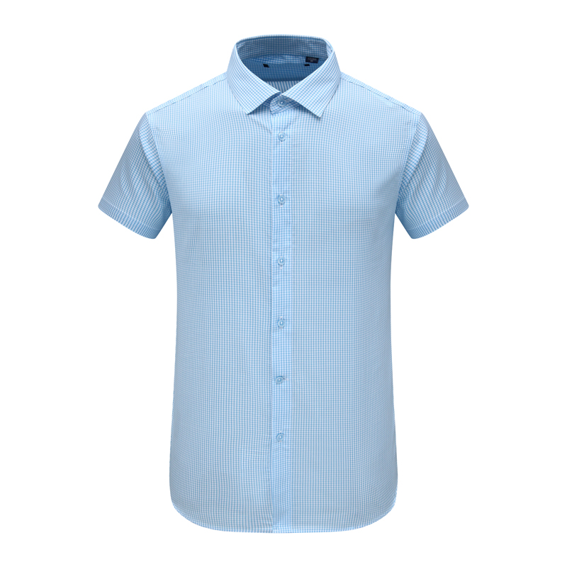 蓝色小格子全棉透气短袖衬衫