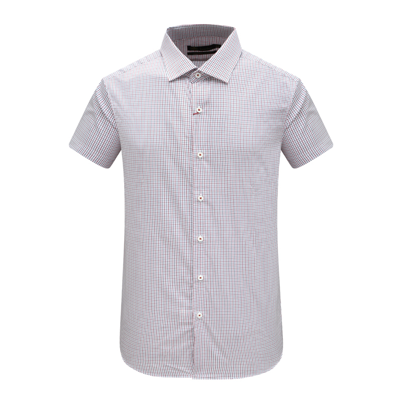 高支200`S棉红色小格子短袖衬衫