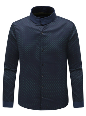 DN158斯D博N换季断码清仓男深蓝立领碎花62％棉商务休闲长袖衬衫