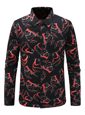 CA691卡换季断码清仓春秋男士时尚商务休闲黑色印花弹力长袖衬衫