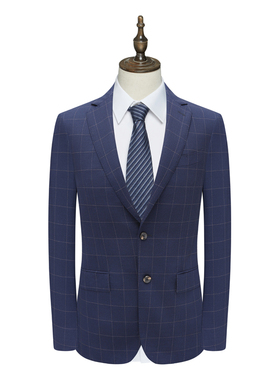 B1598鸟断码清仓春秋款男士67.6％绵羊毛深蓝格纹两粒扣商务西服