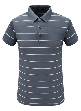 F3945鸟断码清仓夏季中年男士休闲百搭灰蓝色横条纹翻领短袖T恤衫