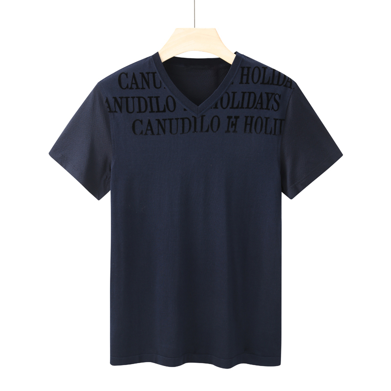 深蓝色字母印花V领全棉短袖T恤