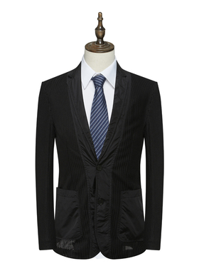 CA603卡断码清仓春夏款男士时尚简约百搭黑色针织拼接两粒扣西服