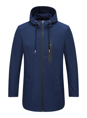 AB682歌断码清仓春秋男士时尚简约休闲连帽中长款深蓝色风衣外套