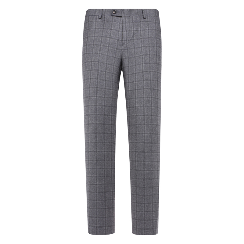 灰色格子绵羊毛中腰直筒西裤