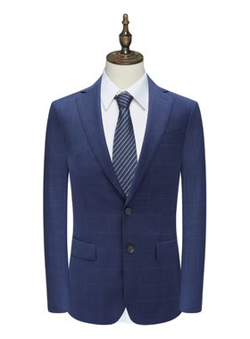 B1632鸟断码清仓春秋款男士职业正装蓝色格纹绵羊毛两粒扣单西服