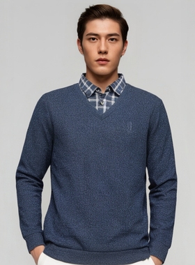 RN32瑞换季断码清仓秋季男士衬衫领蓝色假两件商务休闲长袖T恤衫