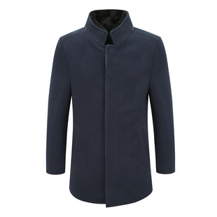 MY566美断码清仓秋冬中年男士保暖水貂毛皮领蓝色羊绒羊毛呢大衣