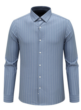 KN62康L尼L断码清仓男士商务休闲蓝色竖条纹89.8％棉免烫长袖衬衫