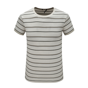 F3838鸟断码清仓夏季男简约休闲卡其色横条纹68.7％棉圆领短袖T恤