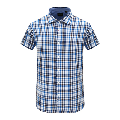 休闲简约蓝白小格子全棉短袖衬衫