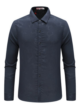AB1381邦纳断码清仓春秋男士商务休闲百搭深蓝色时尚提花长袖衬衫