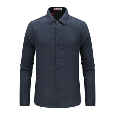 百搭深蓝色时尚提花长袖衬衫