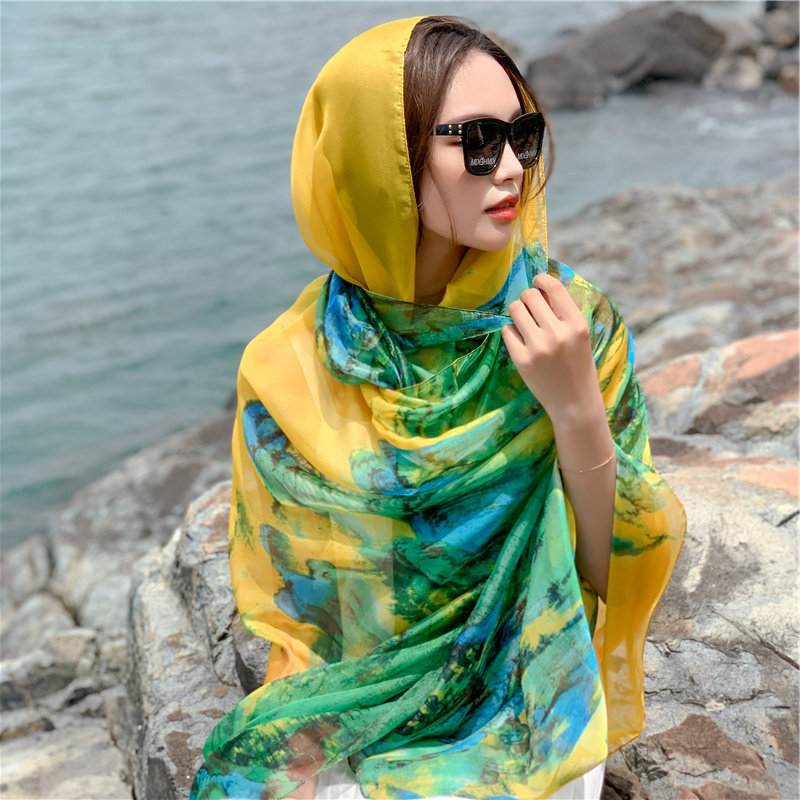 日本zd云纹纱包头夏季薄款防晒丝巾纱巾外搭披肩大围巾海边沙滩巾