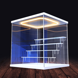 适用带阶梯盲盒可开门回型灯手办积木潮玩拼装亚克力防尘收纳盒