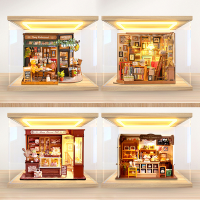 适用若来小熊餐吧咖啡店DIY小屋艺术屋微缩模型防尘带灯光展示盒