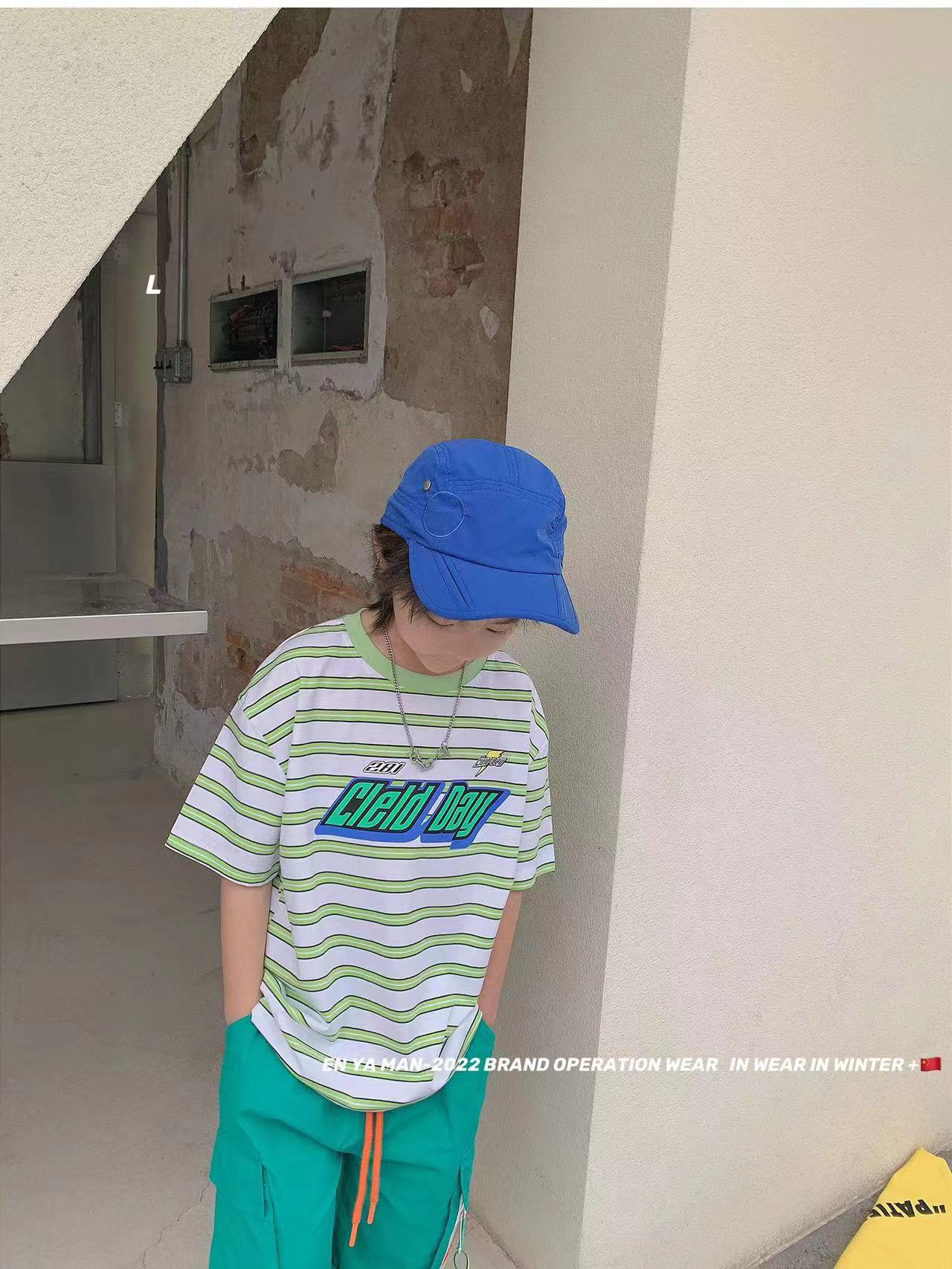 恩雅曼夏装男童字母印花条纹短袖T恤上衣韩版中大童纯棉半袖绿色