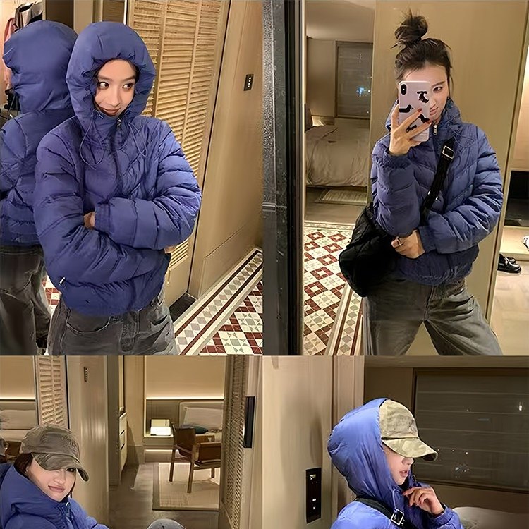排骨泡芙绗缝连帽短款羽绒服女蓝紫色2026年冬季90白鸭绒保暖外套