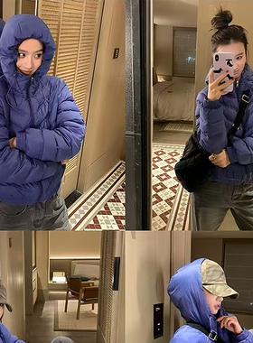 排骨泡芙绗缝连帽短款羽绒服女蓝紫色2026年冬季90白鸭绒保暖外套