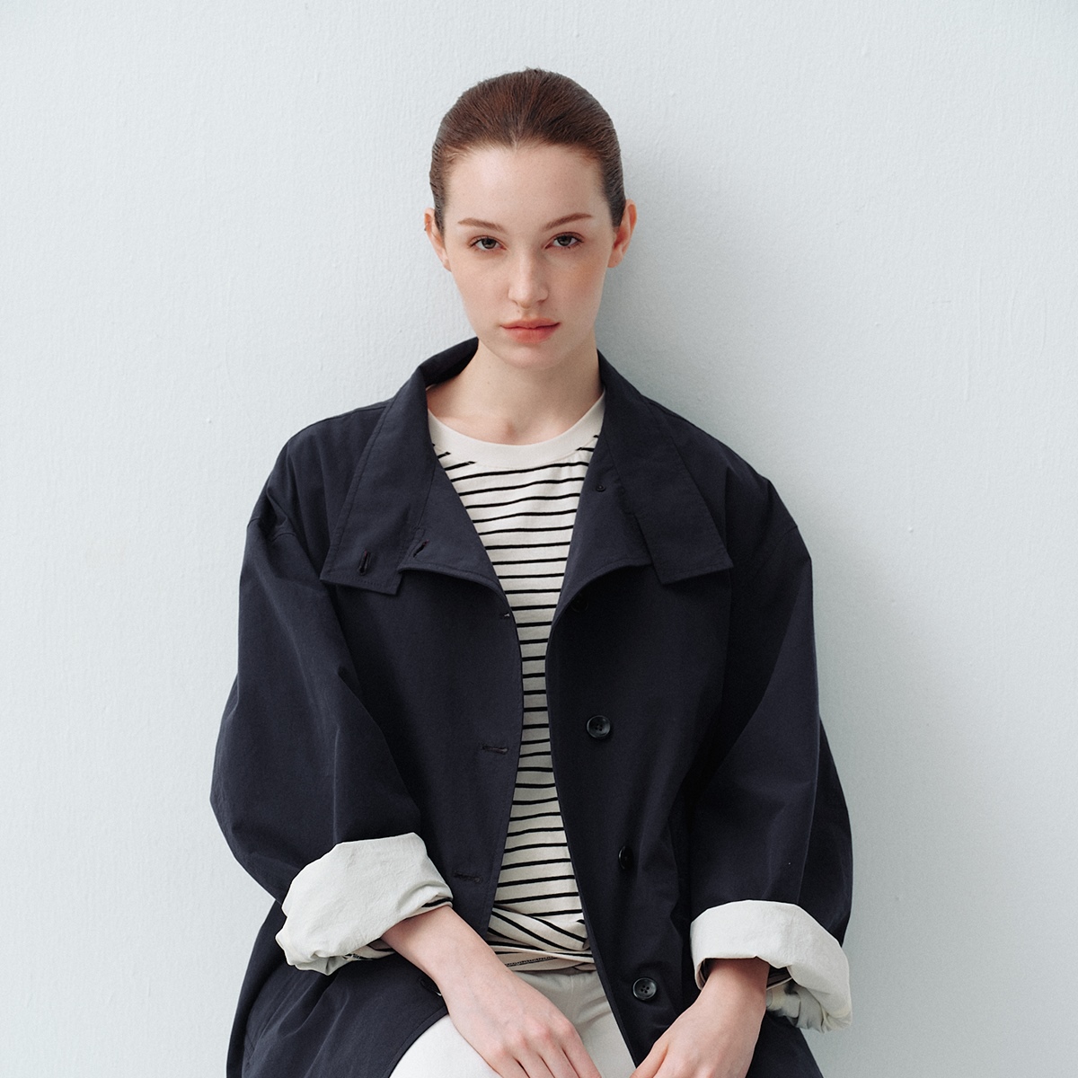 2025秋季新款匹马棉亚麻宽松立领风衣外套女小个子廓形松弛感上衣