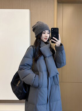 90白鸭绒宽松显瘦中长款围脖羽绒服女冬季立领灰色中长款保暖外套