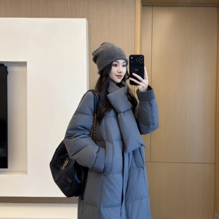 90白鸭绒宽松显瘦中长款围脖羽绒服女冬季立领灰色中长款保暖外套