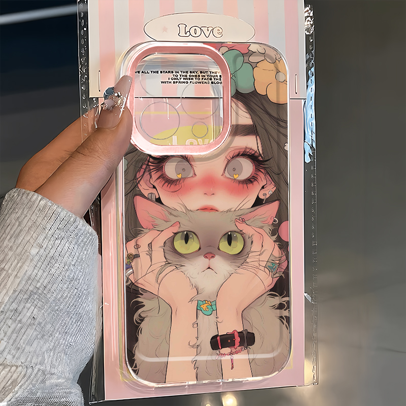 动漫卡通ins少女捧猫手机壳可爱