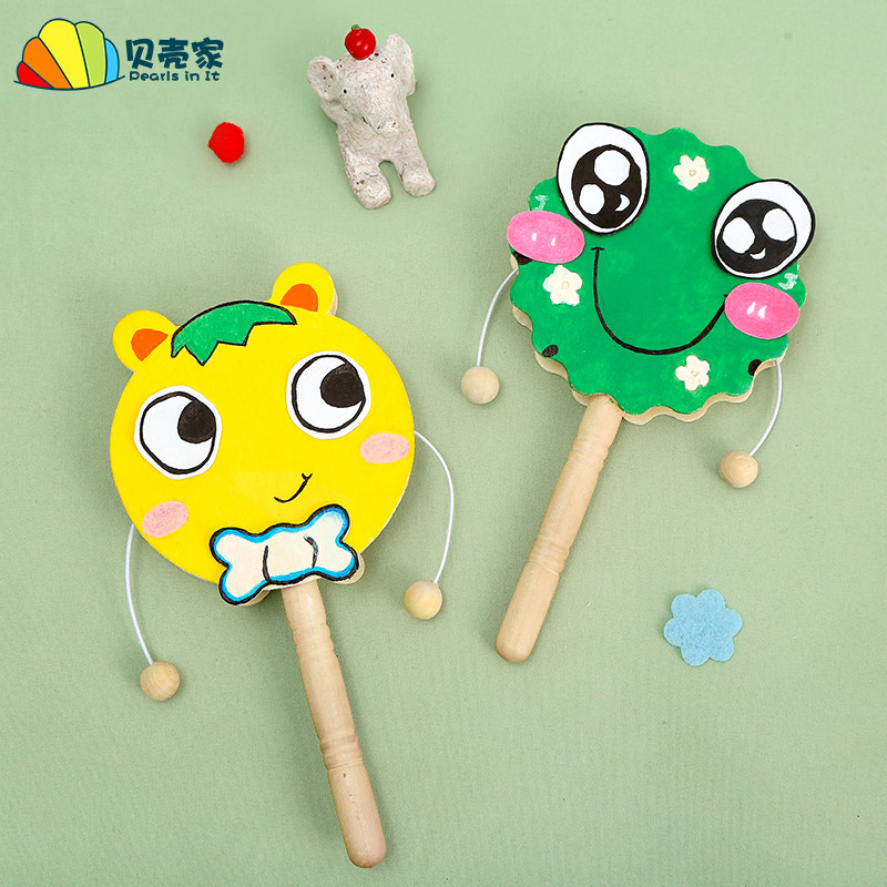 手工diy拨浪鼓儿童手摇小鼓创意美术绘画自制乐器材料涂鸦彩绘