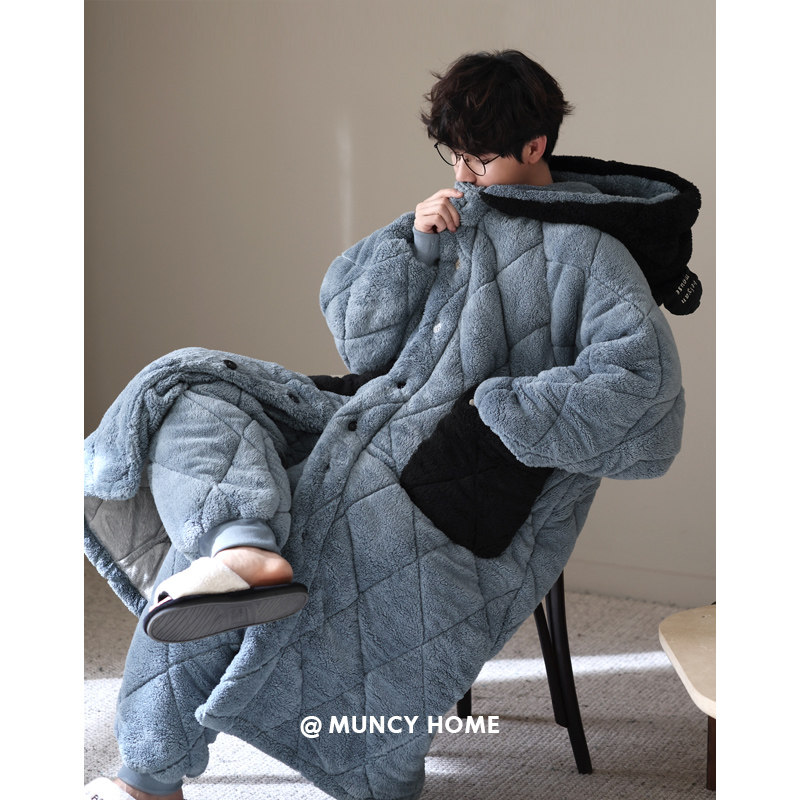 曼系男士睡衣三层夹棉加厚珊瑚绒蓝色睡袍家居服保暖两件套装秋冬