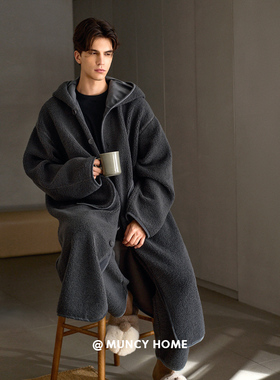 曼系“无束缚感”羊羔绒男士睡袍加绒裤灰色利落简约连帽睡衣套装