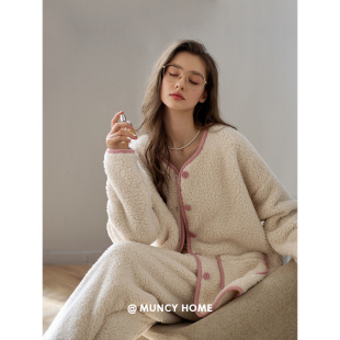保暖家居服 羊羔绒睡衣女秋冬简约少女小香风开衫 曼系 雪泥甜心